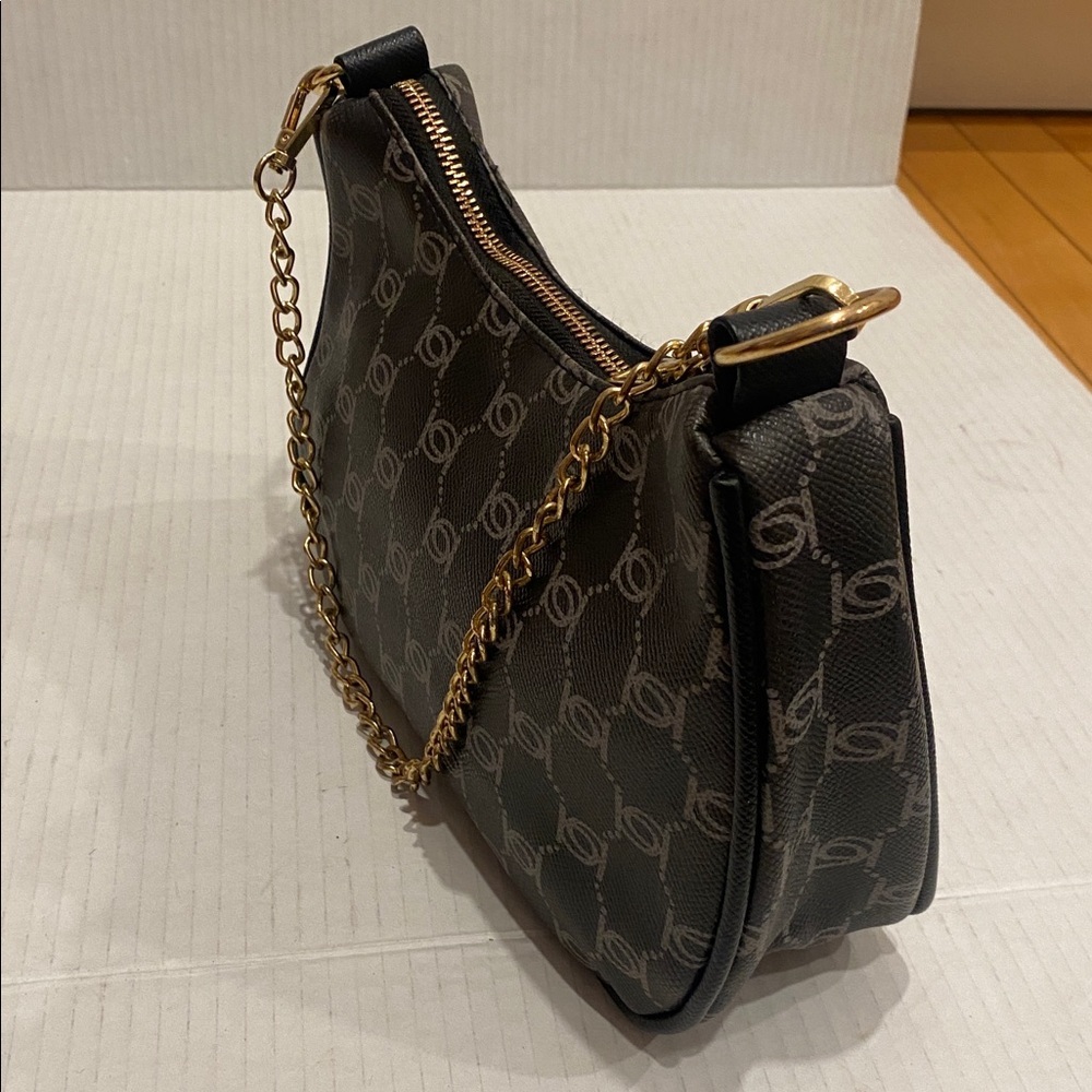 Bebe Small Compact Monogram Brown & Gold Shoulder Bag with removable chain - Picture 10 of 16